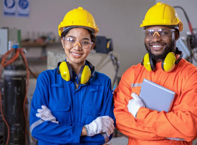 Man and woman wearing safety gear